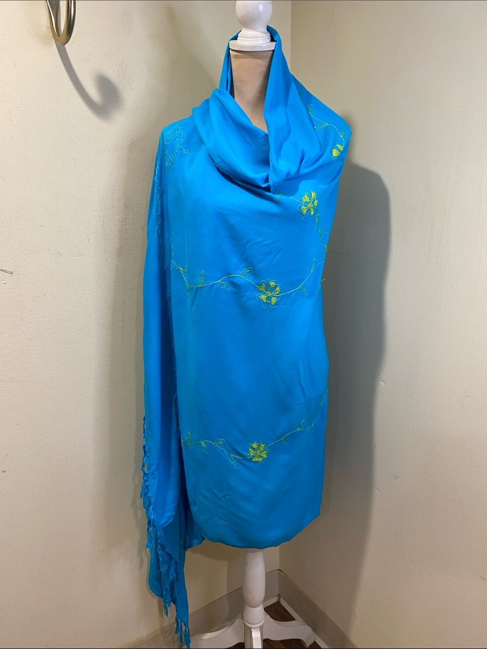 Vibrant Turquoise Floral Embroidered 100% Rayon Large  Shawl Wrap